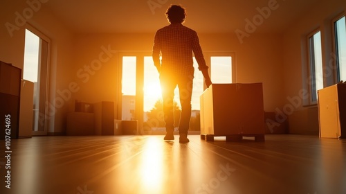 A silhouetted figure is captured moving a cardboard box in a sunlit room, evoking themes of transition and change, with a golden sunset illuminating the scene. photo