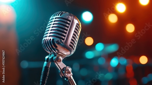 A chrome vintage microphone is illuminated by colorful spotlights, creating a vibrant setting that hints at a lively performance about to unfold on stage. photo