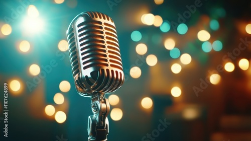 A classic microphone is center stage amidst a swirl of colorful bokeh lights, evoking a sense of lively performance echoing across a vintage era. photo