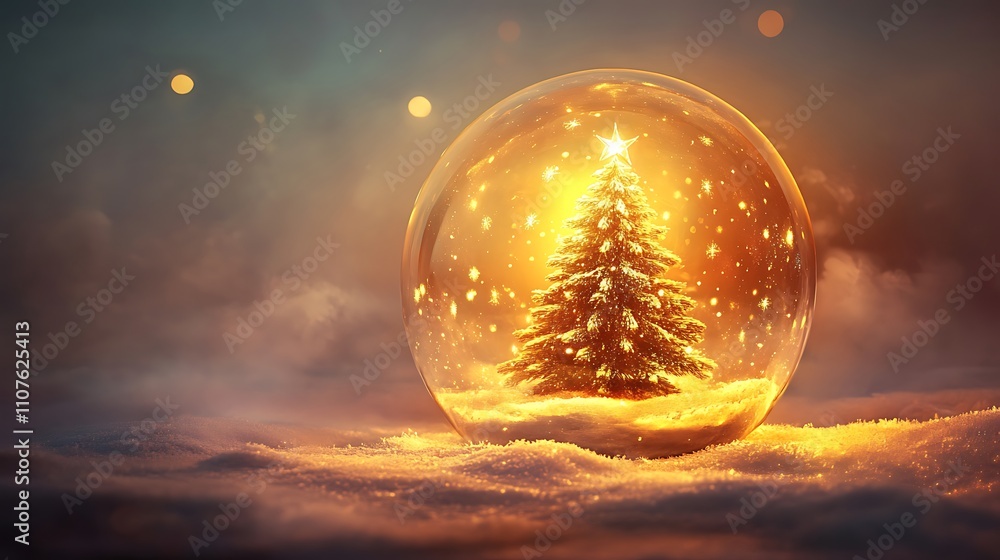 Illuminated Christmas tree inside glass ball glowing with holiday warmth Illuminated Christmas tree inside glass ball glowing with holiday warmth