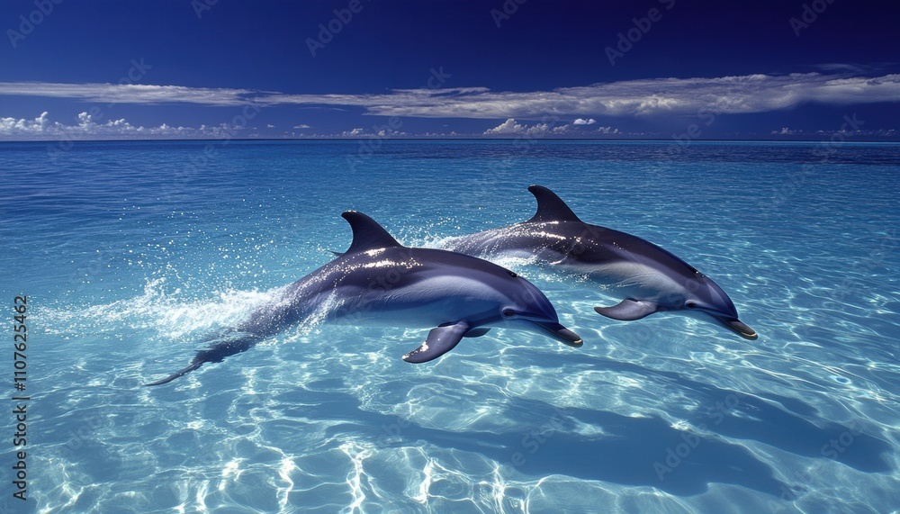 Fototapeta premium Two playful dolphins glide through the clear turquoise waters, showcasing their agility and elegance against the stunning aquatic backdrop. A mesmerizing moment in nature's beauty.
