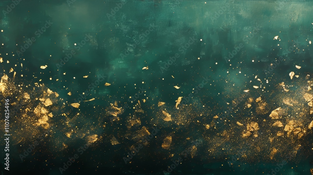 Fototapeta premium A deep green background with soft, golden sparkles scattered like fairy dust, copy and text space, christmas background, 16:9
