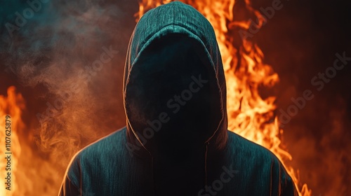 Person in hooded sweatshirt by fireplace