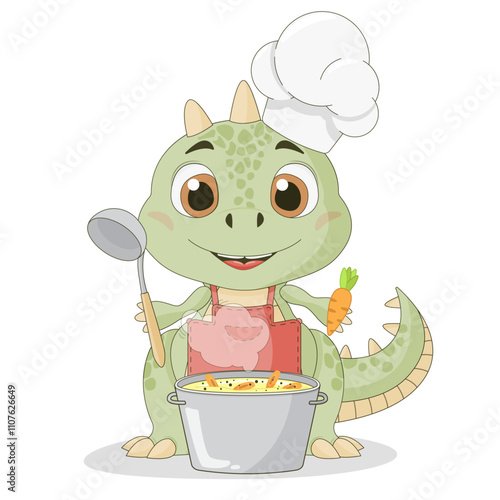 cute green dinosaur in a chef's hat and apron preparing vegetable soup