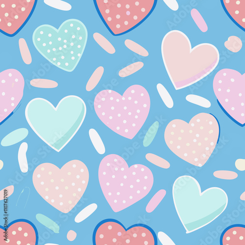 Seamless Vector Design of Candy Hearts and Sprinkles in Watercolor Style. Perfect for: Valentine’s Day, candy-themed events, children’s parties