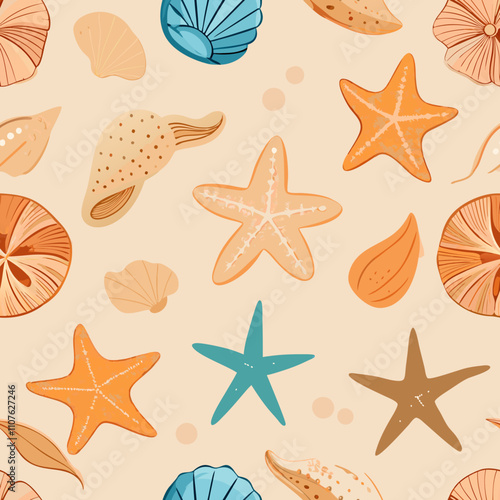 Seamless Vector Pattern with Watercolor Starfish and Seashells on a Beige Background. Perfect for: Coastal events, summer parties, tropical decor