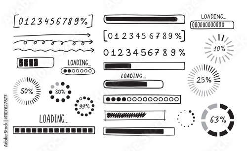 Loading bar doodle set. Hand drawn element line loading sketch style. Slow isolated download speed, progress status and internet load bar concept. 