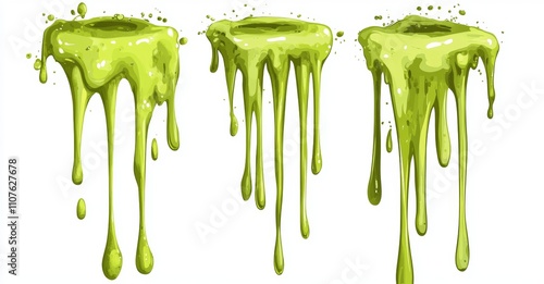 Modern illustrations of spooky Halloween toxic slime dripping alongside green alien slime blobs. photo