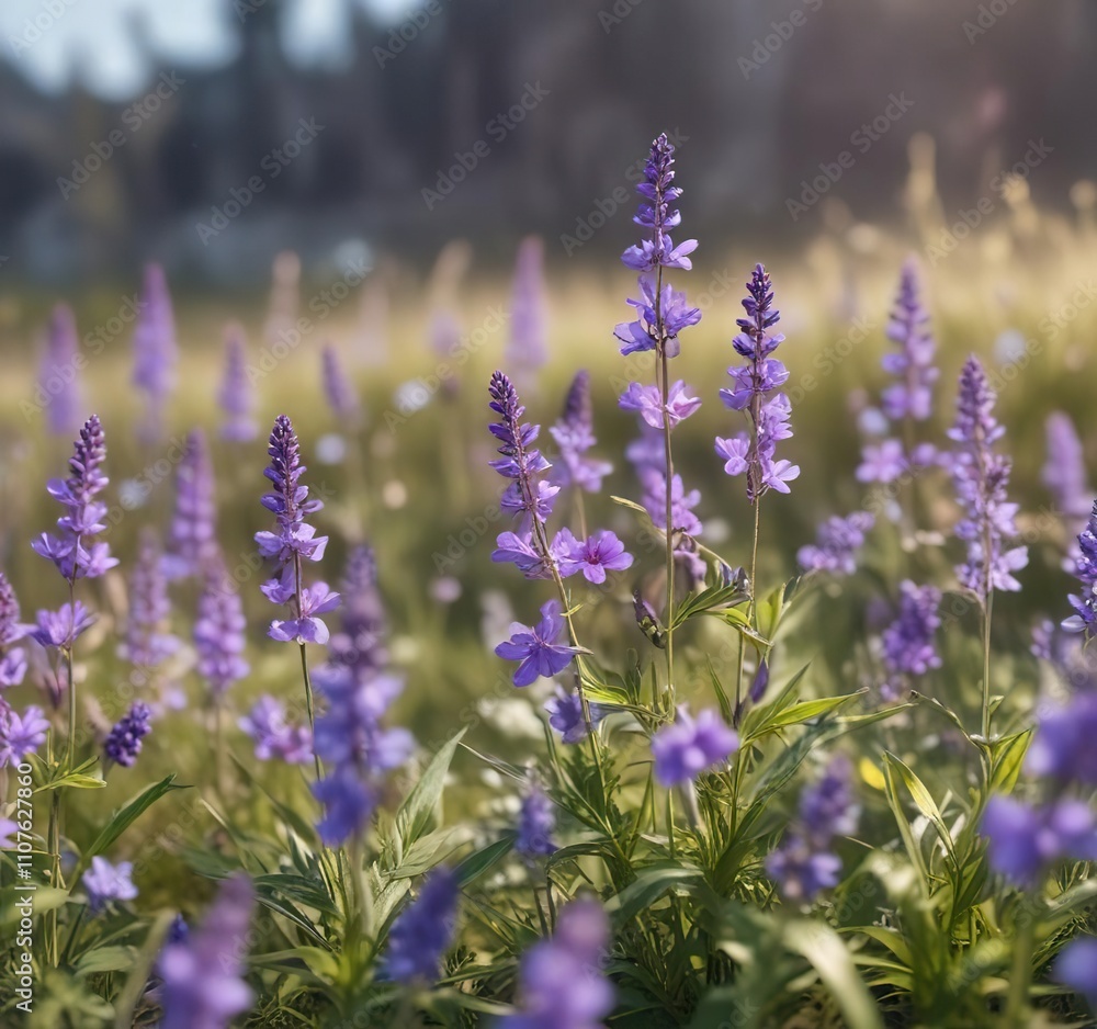 Obraz premium Beautiful violet wildflowers with soft focus background, meadow, beautiful, delicate