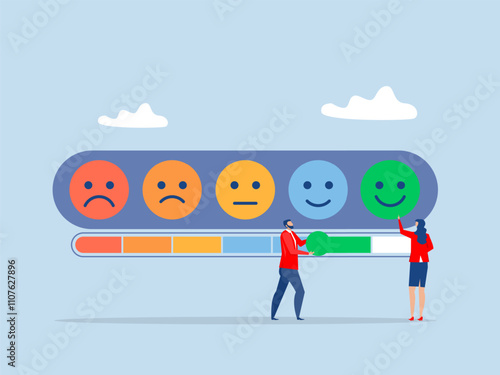 Customer feedback Performance rating,businessman trying to push customer feedback bar to be excellent smile and review to evaluate result vector