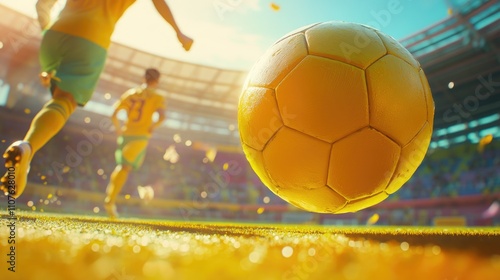 Close-up of a yellow soccer ball being kicked in the middle of a vibrant stadium, with bright sunlight and a second player visible in the background. photo