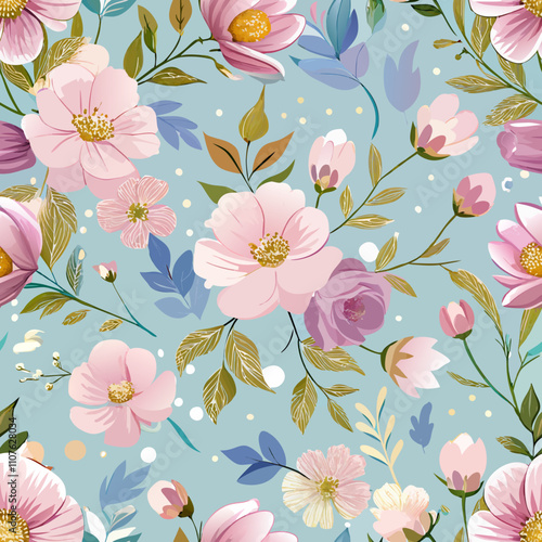 Seamless Vector Pattern of Hand-Painted Pastel Florals with Golden Specks. Perfect for: Weddings, upscale events, anniversaries