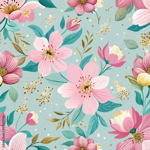Seamless Vector Pattern of Hand-Painted Pastel Florals with Golden Specks. Perfect for: Weddings, upscale events, anniversaries