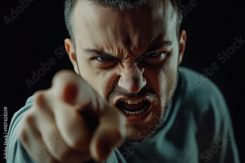 Intense Man Pointing and Shouting at Camera photo