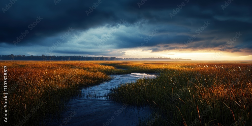 Fototapeta premium A breathtaking view of a tranquil marshland at dusk, where golden grasses sway under a dramatic, cloudy sky. This scene captures nature's fleeting beauty and peaceful ambiance.