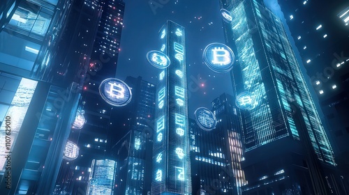 A futuristic financial district with towering holographic graphs displaying rising bank investments and floating digital currency symbols, symbolizing a thriving financial system. photo