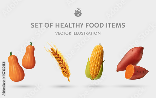 A Set of Healthy Food 3D Vector Items: Butternut Squash, Wheat Ear, Corn, Sweet Potato