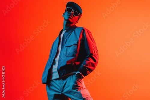 Man in Modern Streetwear with Bold Blue and Red Tones photo