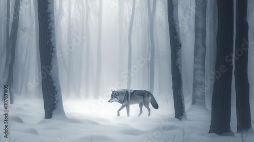 Majestic Wolf in a Winter Wonderland Forest, a Solitary Figure Amidst the Foggy Snow photo