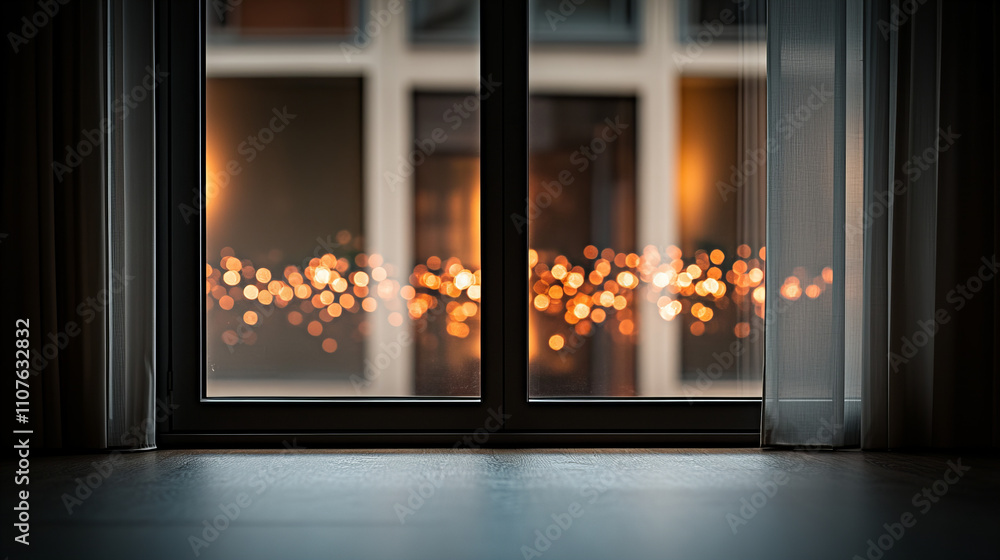Fototapeta premium Silent night sky view through a window frame with glowing lights in the distance