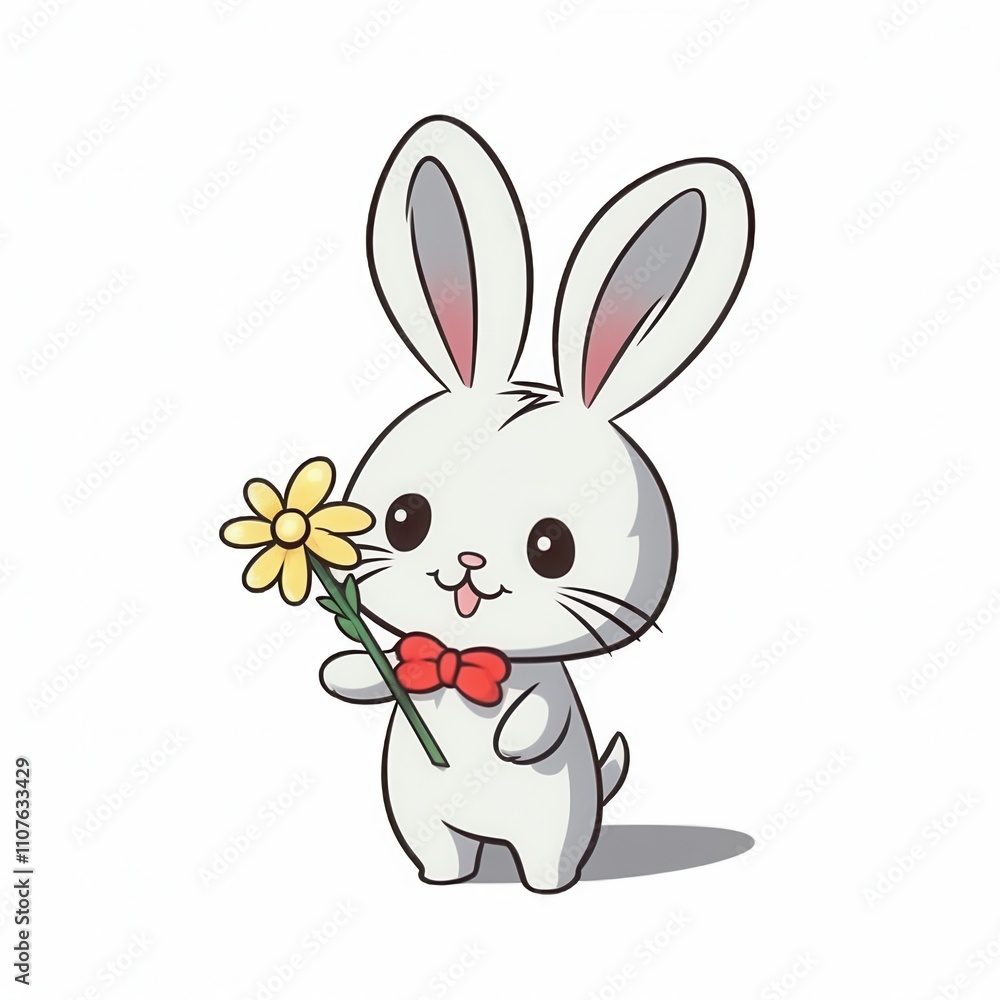 Obraz premium Cute cartoon rabbit holding a yellow flower, perfect for spring-themed designs.