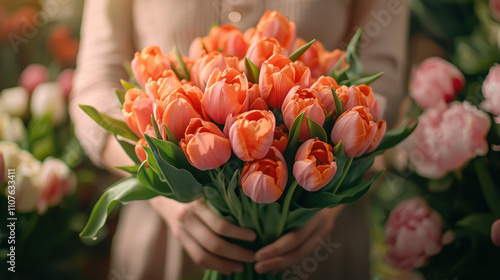 Florist\'s hands delicately arranging a vibrant bouquet of tulips in a colorful flower shop during daylight photo