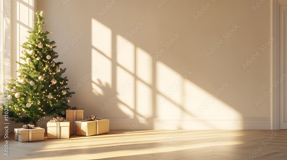 Fototapeta premium Sparkling Christmas gift boxes near fir tree with soft light in festive room