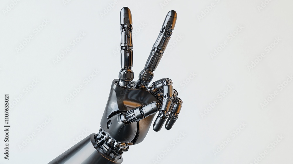 A robotic hand making a peace sign, showcasing advanced technology and design in robotics and human-machine interaction. A robotic hand making a peace sign, showcasing advanced technology and design in robotics and human-machine interaction.