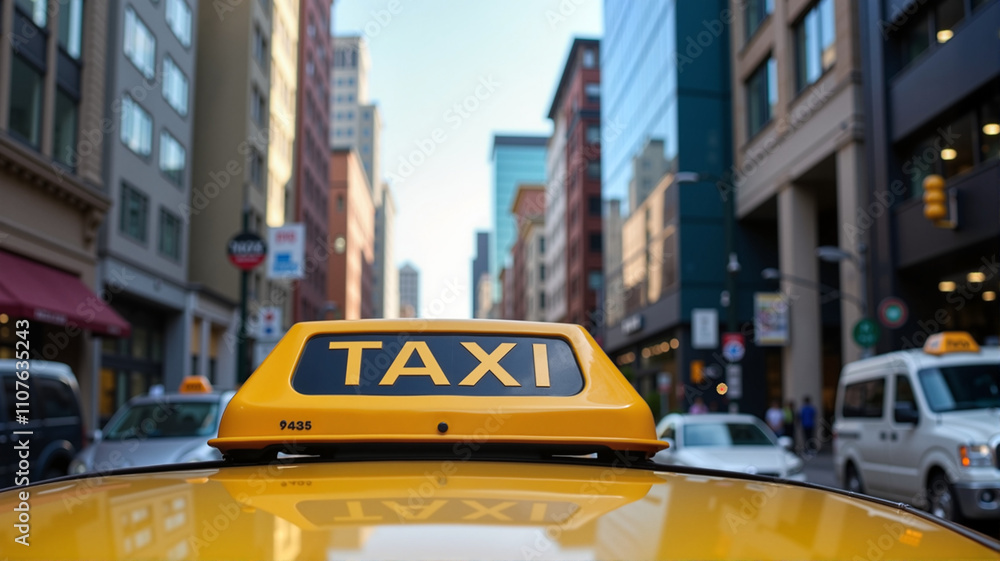 Daytime view of a yellow taxi on a busy urban street Daytime view of a yellow taxi on a busy urban street