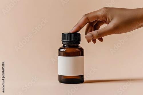 Hand Reaching for Multivitamin Bottle with Blank Label on Beige Background photo