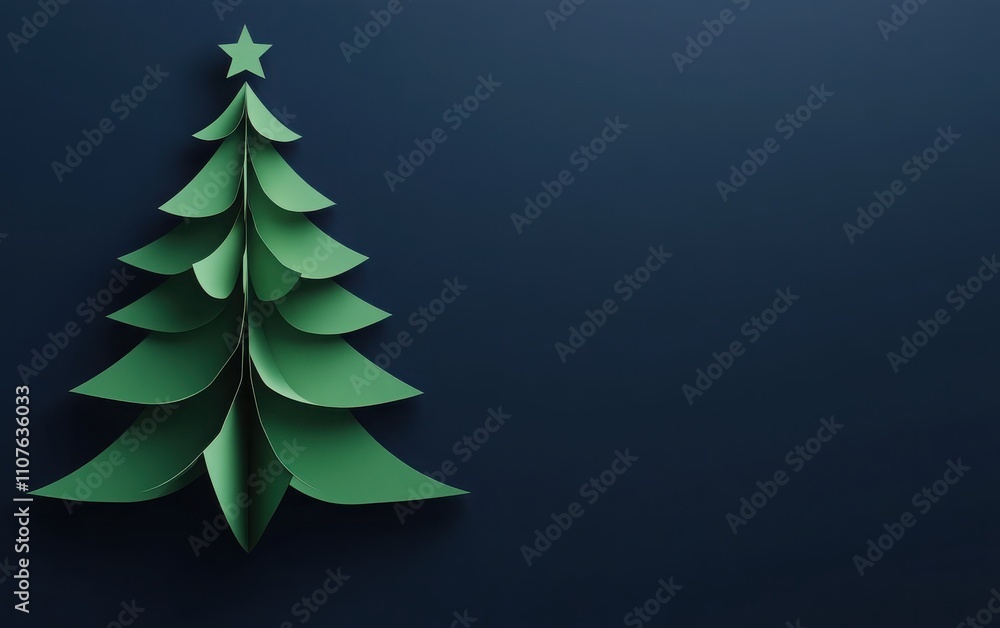 Obraz premium A minimalistic, high-quality 3D render of a green paper-cut Christmas tree against a dark blue background in a flat-lay perspective. 