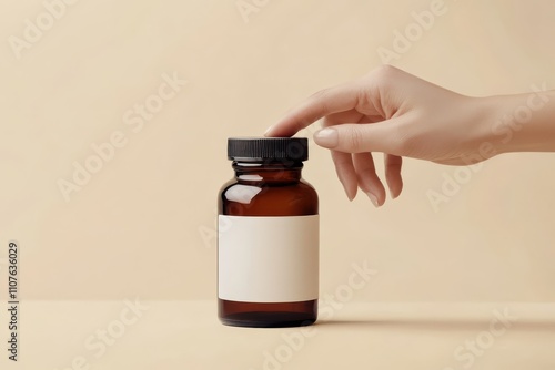 Hand Reaching for Multivitamin Bottle with Blank Label on Beige Background photo