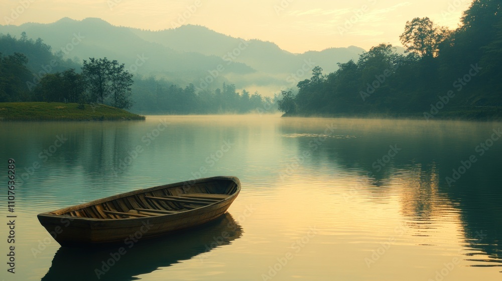 Obraz premium Serene Sunrise: A Wooden Rowboat on a Misty Lake