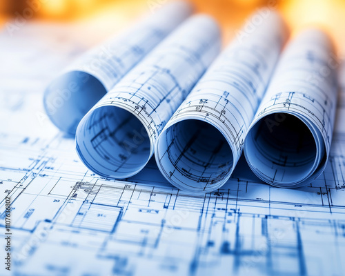 Blueprint rolls with detailed technical drawings create professional atmosphere