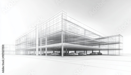 wireframe design of multi story parking garage showcasing structure and space