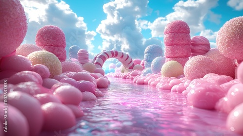 Dreamy Candy Landscape with Clouds and Water Reflection