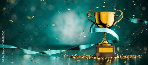 Reach the finish line. Congratulations on winning. Video games. First place prize. Trophy for winning. First place in eSports. Competition. Success in a legal case. Win a court case. 3d render.
