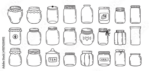 Jars hand drawn doodle isolated on white background. Jar empty, template outline drawing elements collection.