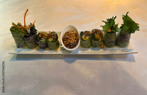 Fresh and tasty Vietnamese vegetable rolls with spicy peanut sauce