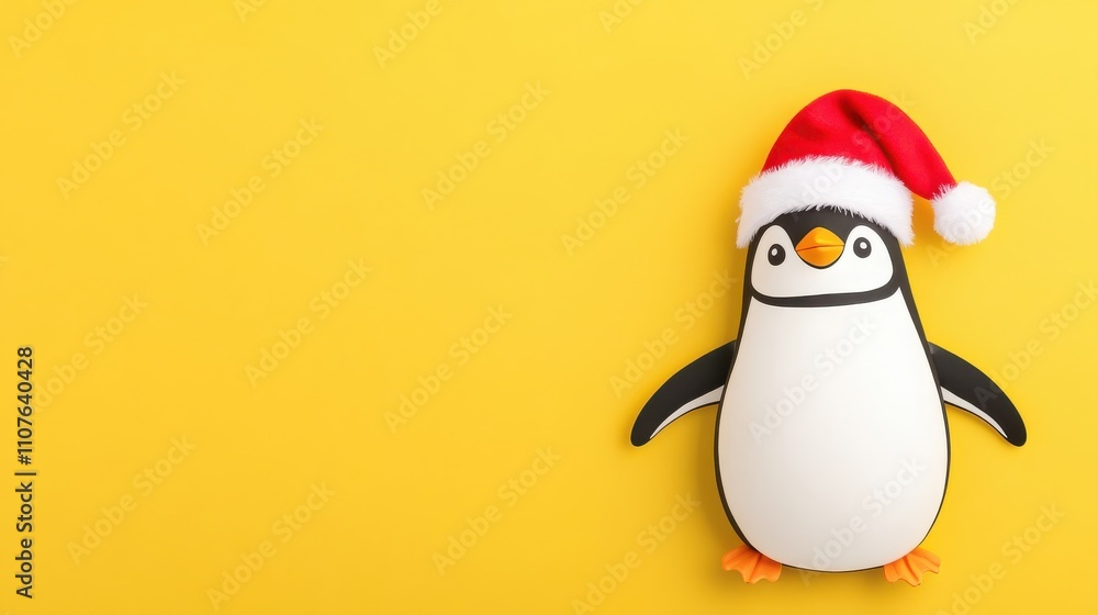 Obraz premium A cheerful penguin toy wearing a Santa hat against a bright yellow background, capturing a festive holiday spirit.