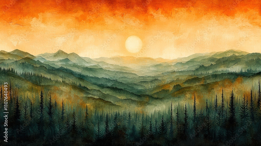 Fototapeta premium Majestic Sunset Over Mountain Range with Lush Forest Landscape
