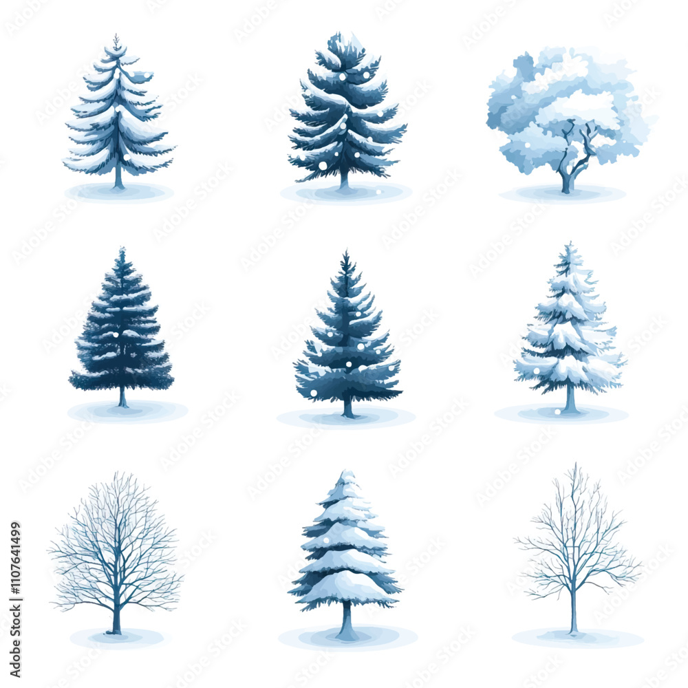 Obraz premium Snow-Covered Tree Icons Set, Winter Forest Elements