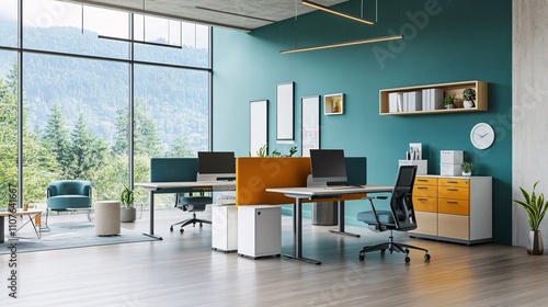 Image of a contemporary office with open spaces, flexible workstations, and stylish decor enhancing productivity and employee satisfaction photo