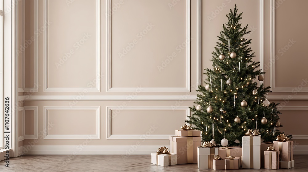 Fototapeta premium Christmas gift boxes arranged around decorated fir tree in warm holiday room