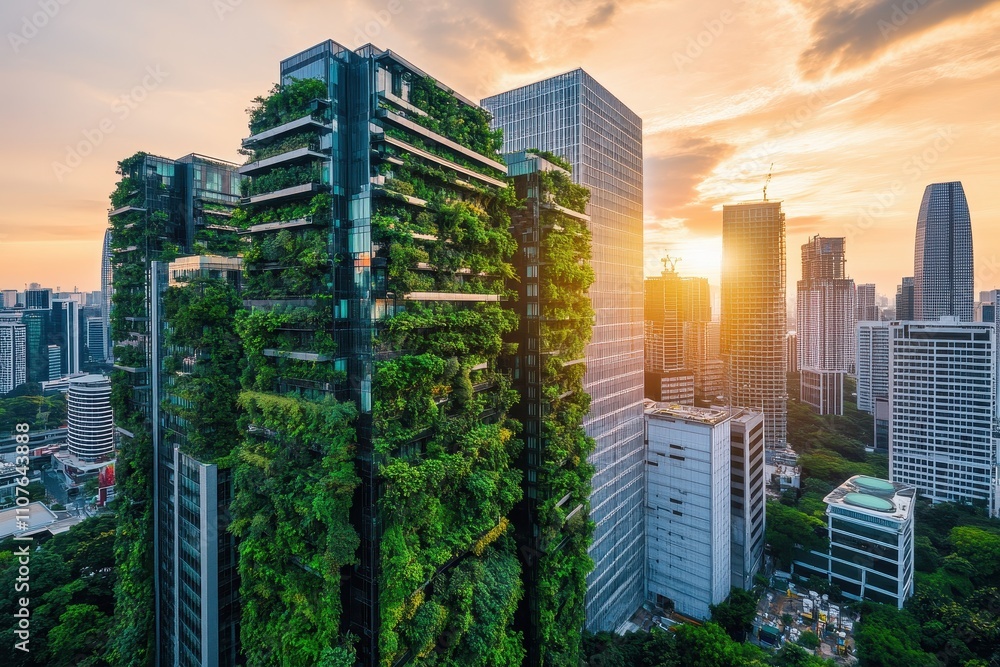 Fototapeta premium Sustainable modern building covered in lush greenery amidst a vibrant city skyline during a warm golden sunset