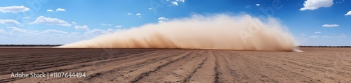 A dust cloud rises over a barren field under a blue sky with scattered clouds. photo