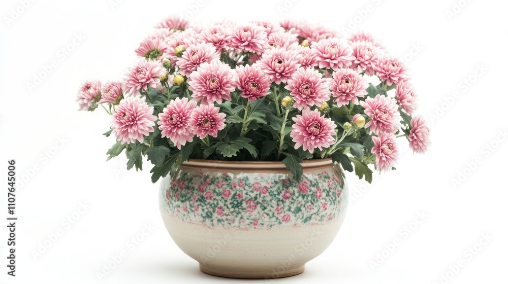 custom made wallpaper toronto digitalPink chrysanthemum flowers in a decorative pot against a white background.