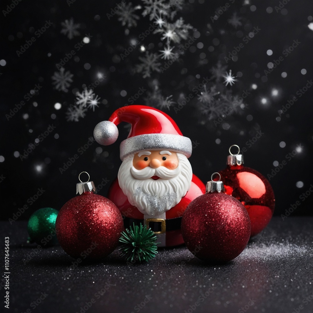Tarjeta de Navidad de Santa Claus con bolas rojas brillantes en fondo negro. Tarjeta navideña Tarjeta de Navidad de Santa Claus con bolas rojas brillantes en fondo negro. Tarjeta navideña