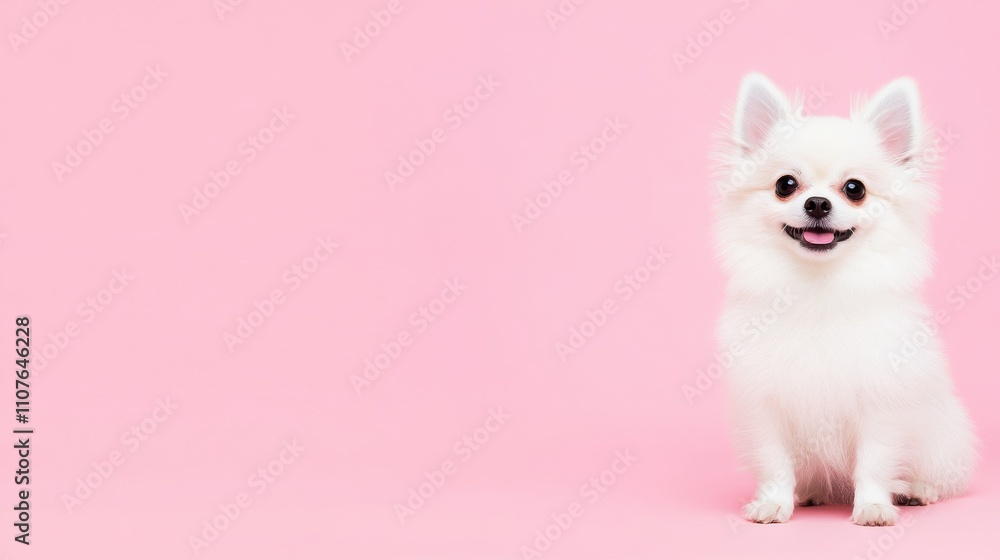 Obraz premium A fluffy white dog sits happily against a soft pink background, showcasing its playful personality and charming features.