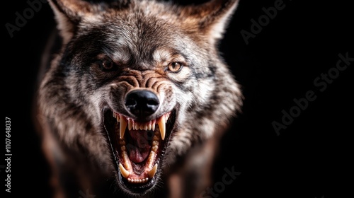 Intense close-up of a snarling wolf showing sharp teeth and glaring eyes, capturing raw animal power, primal instincts, and wild nature's ferocity. photo